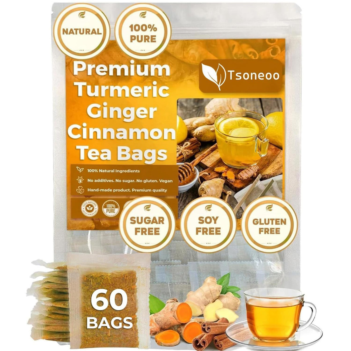 Tsoneoo premium turmeric-ginger-cinnamon tea bags ready to brew for a cozy cup