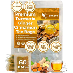 Tsoneoo premium turmeric-ginger-cinnamon tea bags ready to brew for a cozy cup