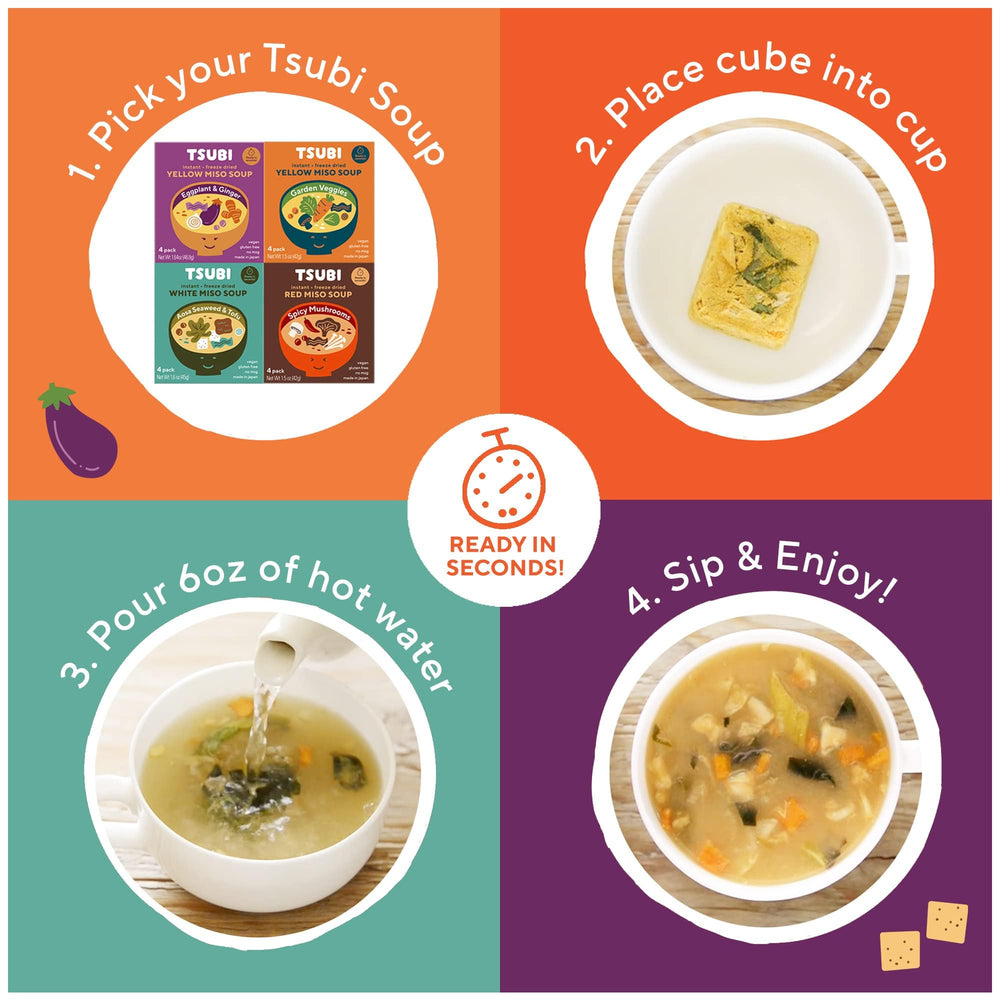 Tsubi Soup gluten-free ingredients highlighting clean, plant-based miso base.