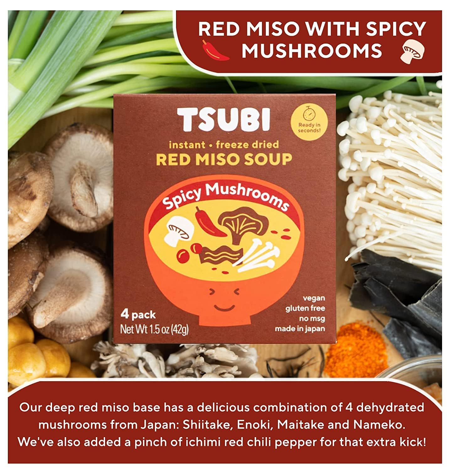 Red miso spicy mushroom soup served in a cup with mushrooms.