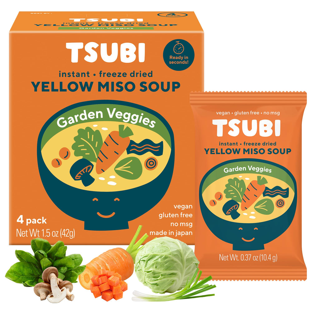Tsubi Soup yellow miso garden veggies pack on shelf for quick plant-based meals.