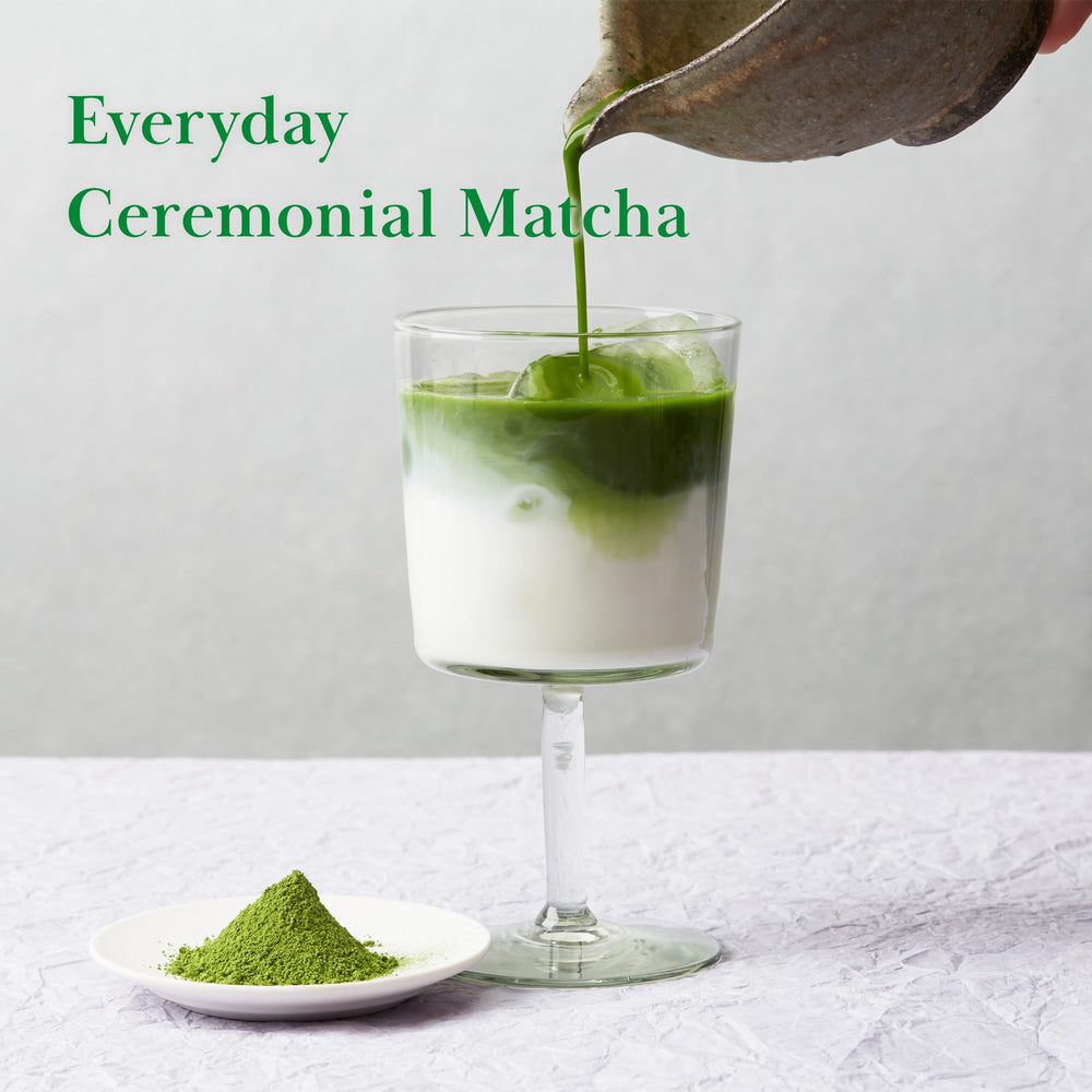 TSUJIRI Midori powder in a whisk and bowl creates a frothy, smooth cup.