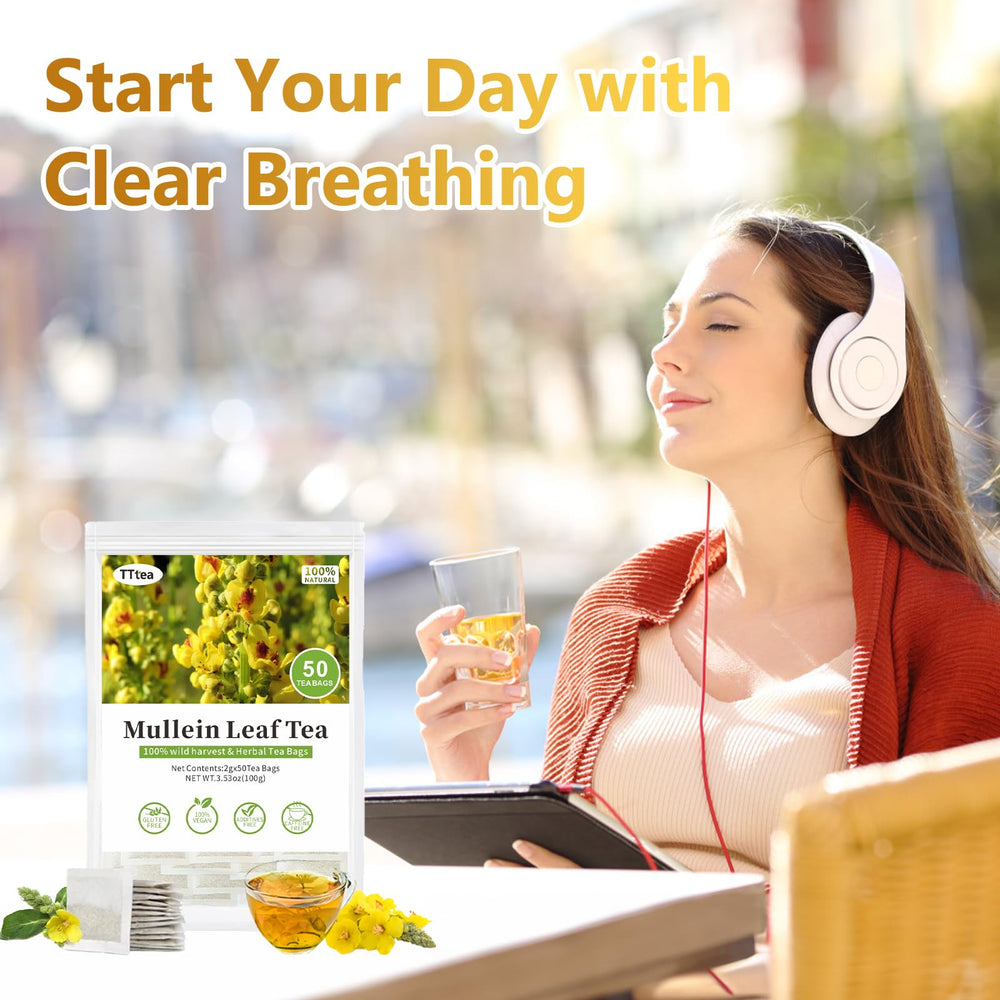 TTTea mullein leaf tea bags close-up, crisp leaves for soothing inhalation support.