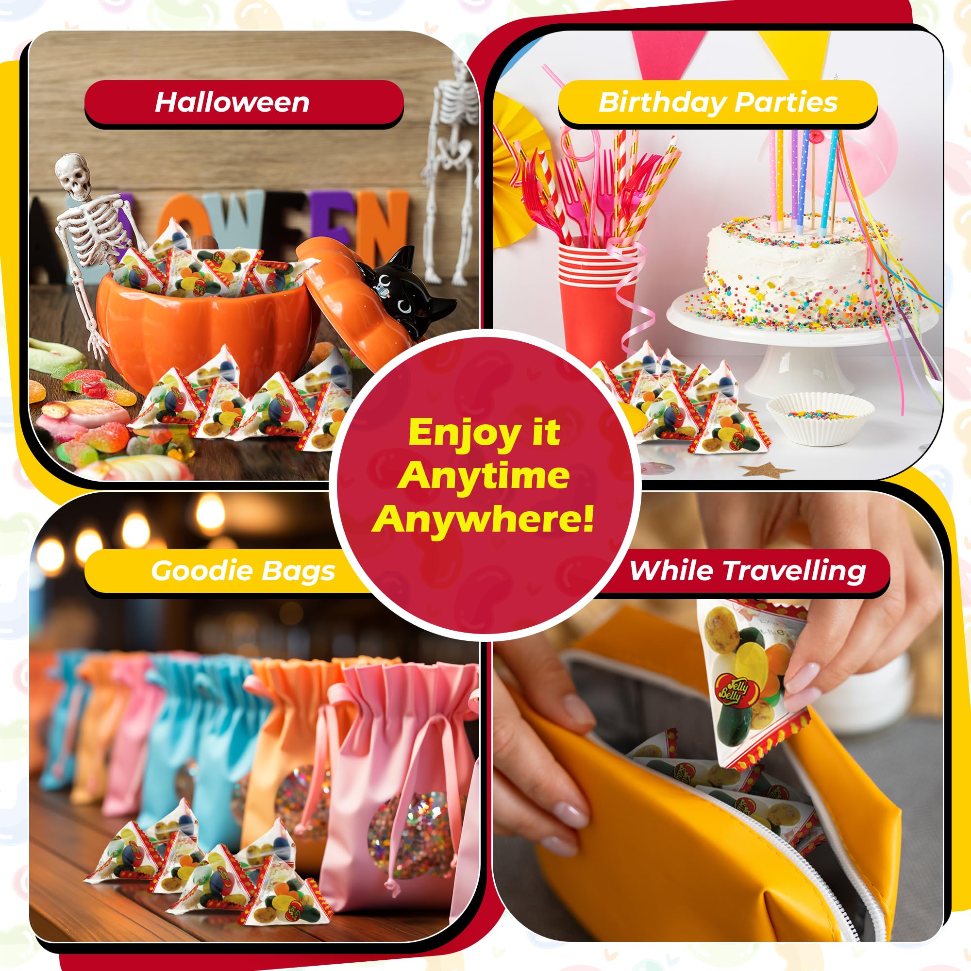 TULLIPAK jelly bean mini bags showcasing a variety of flavors for snacking.