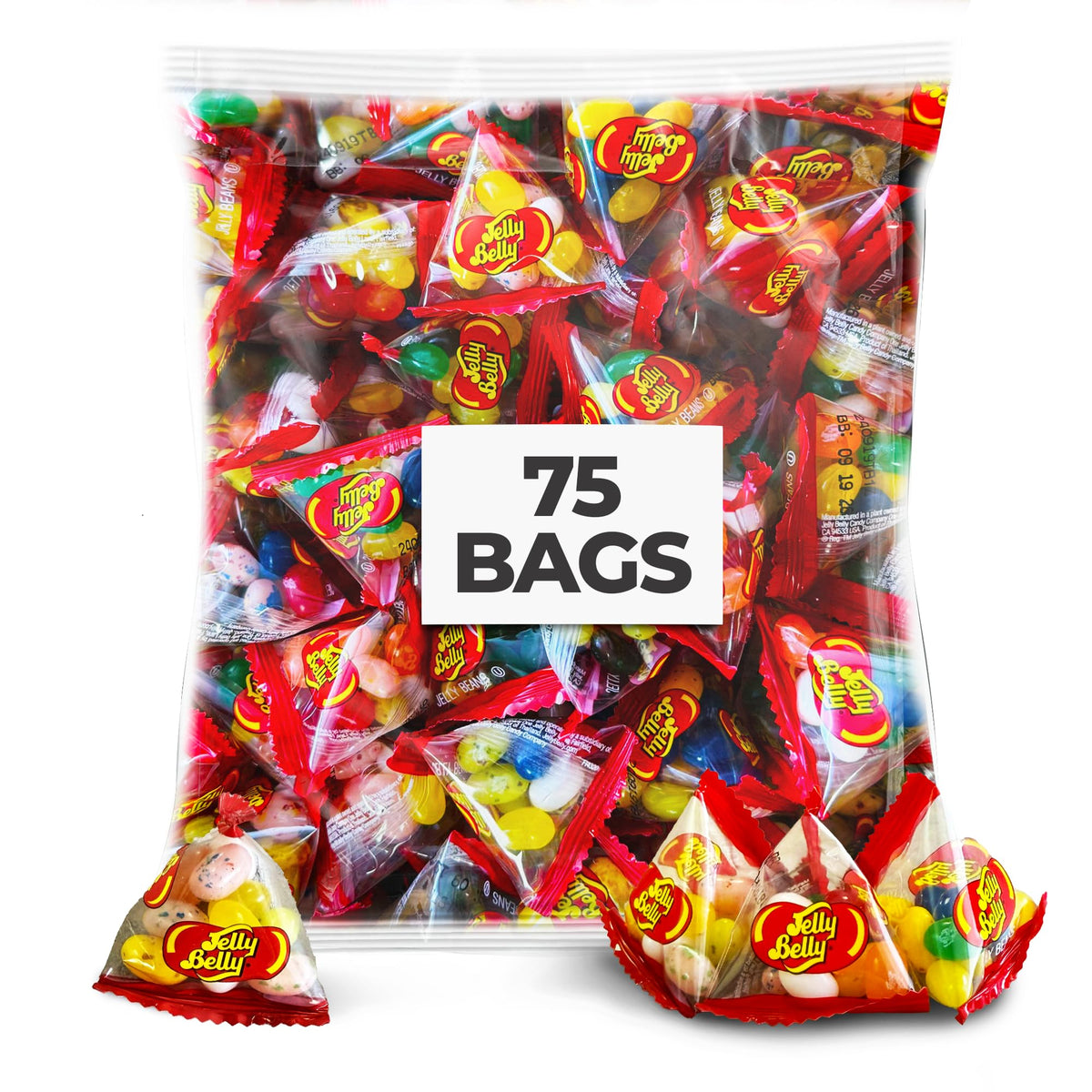 TULLIPAK jelly bean triangular-pack display with 75 mini bags for event favors.
