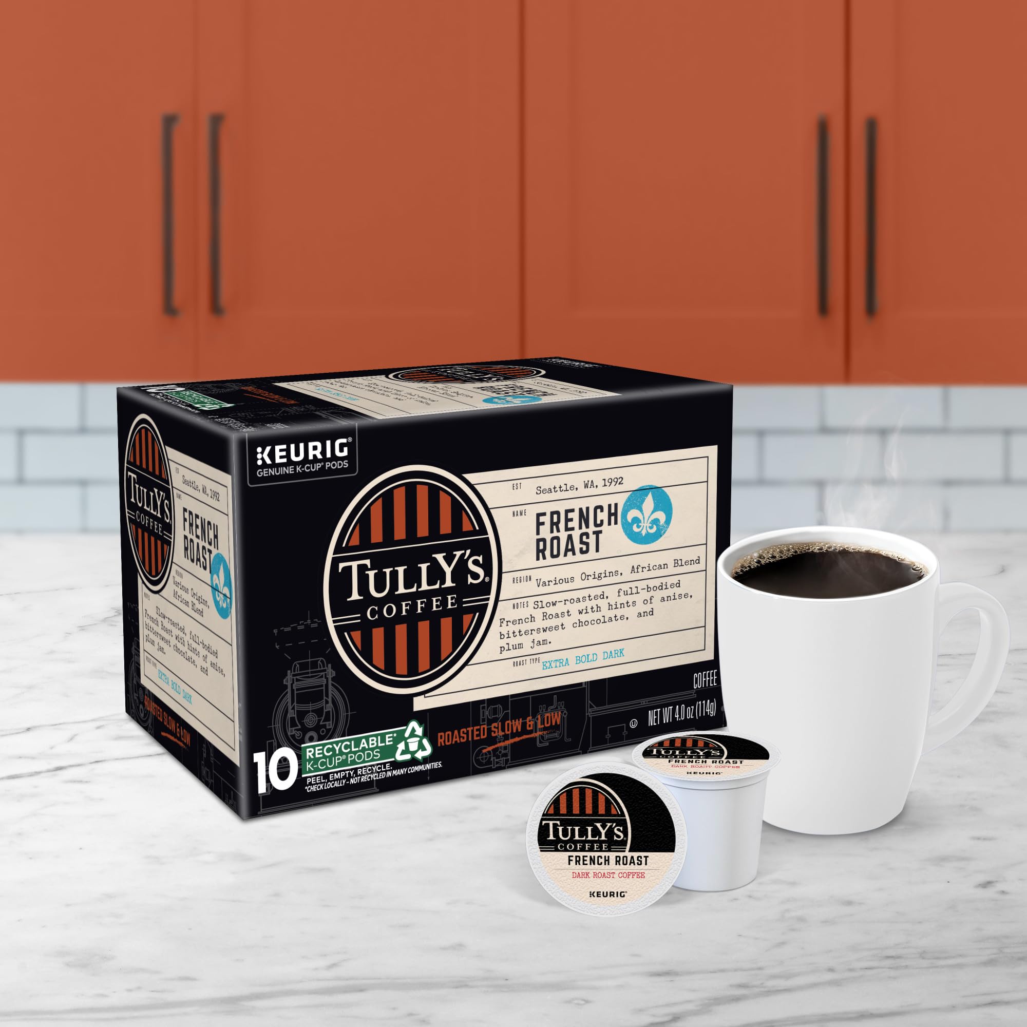 Tully's French Roast K-Cup detailed label with kosher certification