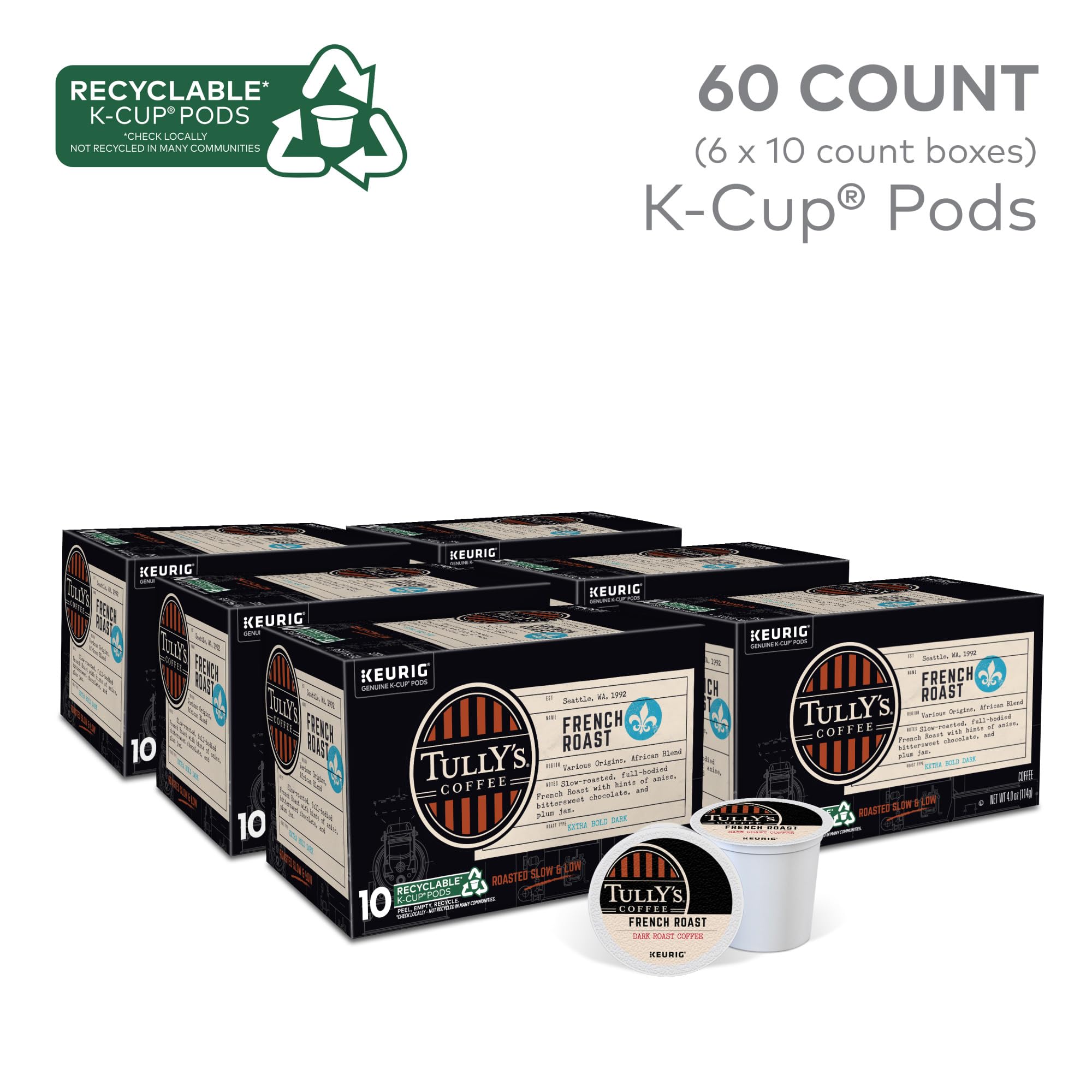 Tully's French Roast K-Cup pack front displaying six-pack convenience