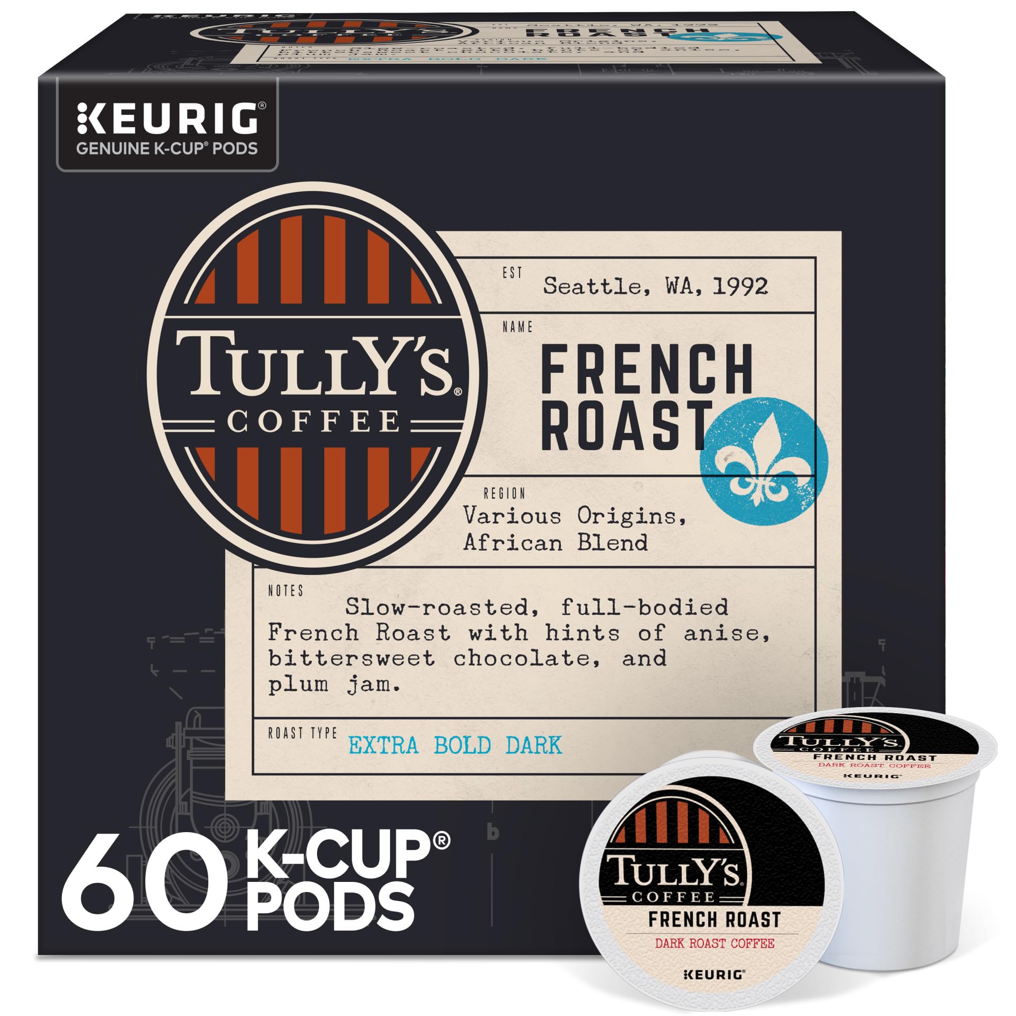 Tully's French Roast K-Cup pod close-up showing bold aroma and full-bodied flavor