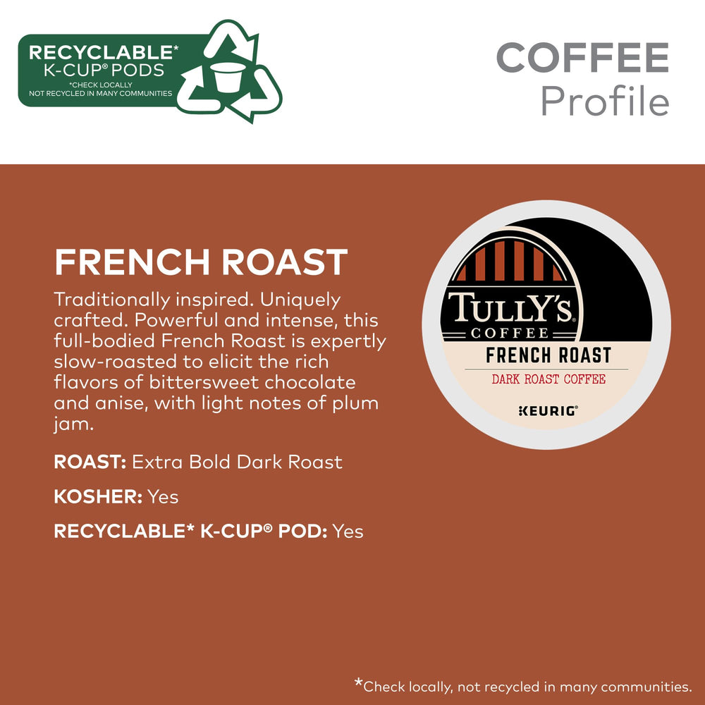 Tully's French Roast K-Cup stack display for a busy office setting