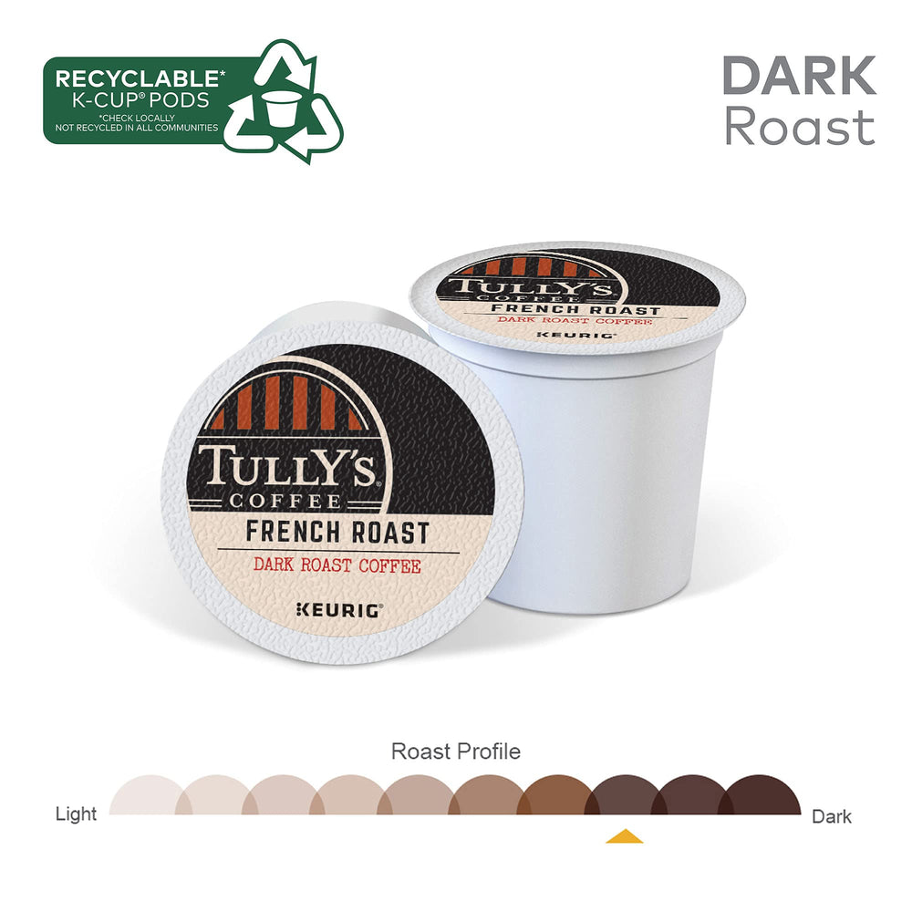 Tully's French Roast K-Cup steaming cup releasing rich aroma