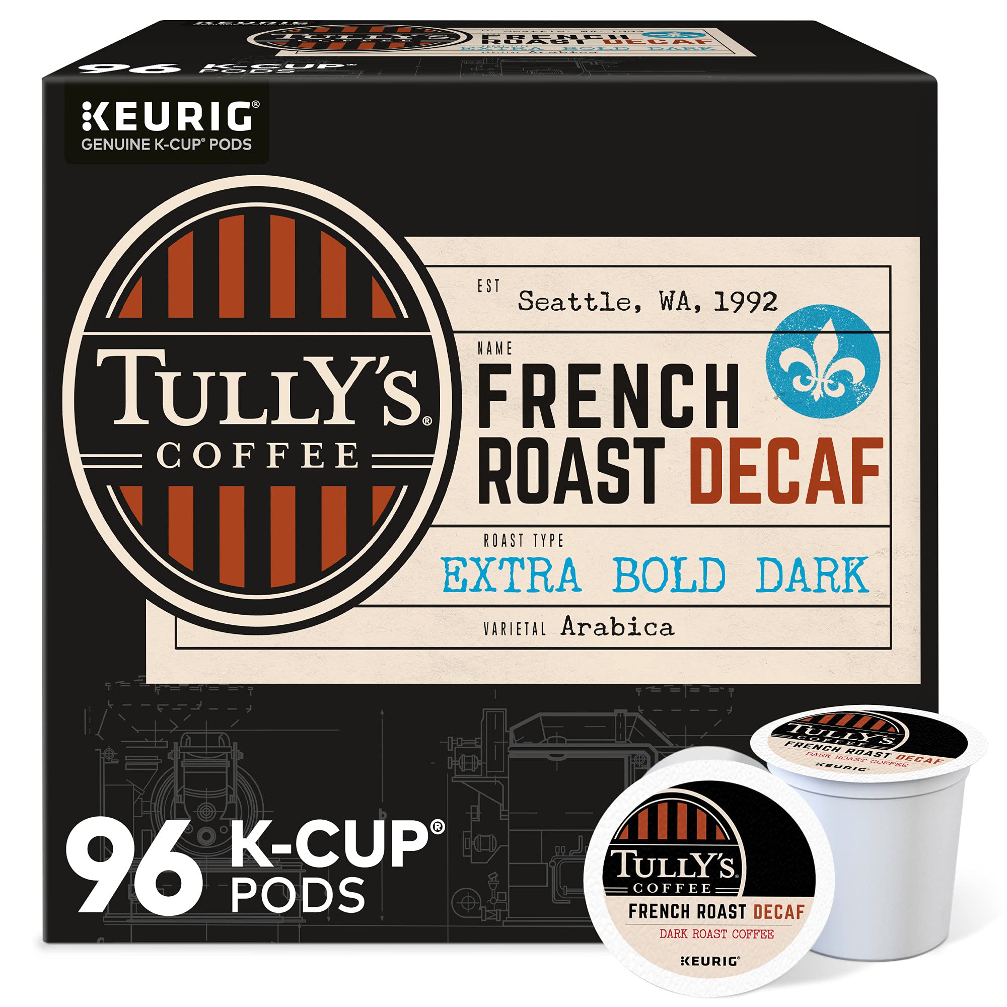 Tully's French Roast Decaf K-Cups front view show bold caffeine-free flavor
