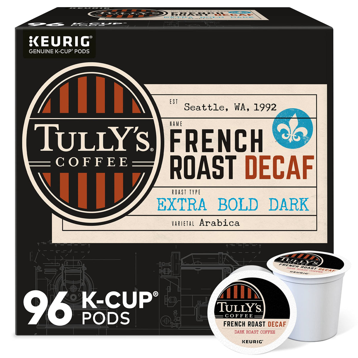Tully's French Roast Decaf K-Cups front view show bold caffeine-free flavor