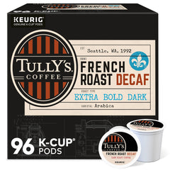 Tully's French Roast Decaf K-Cups front view show bold caffeine-free flavor