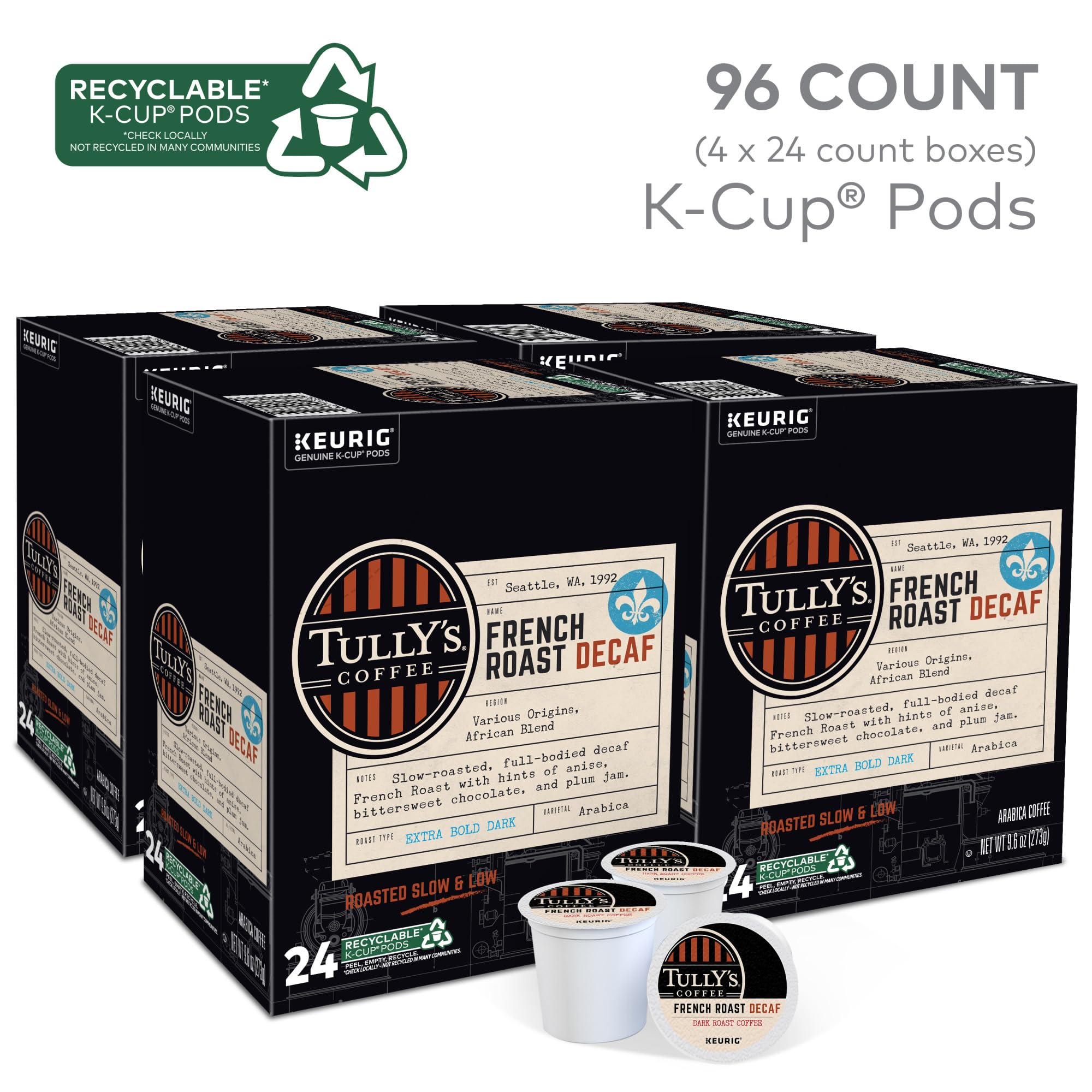 Packaging for Tully's French Roast Decaf K-Cups 96-count