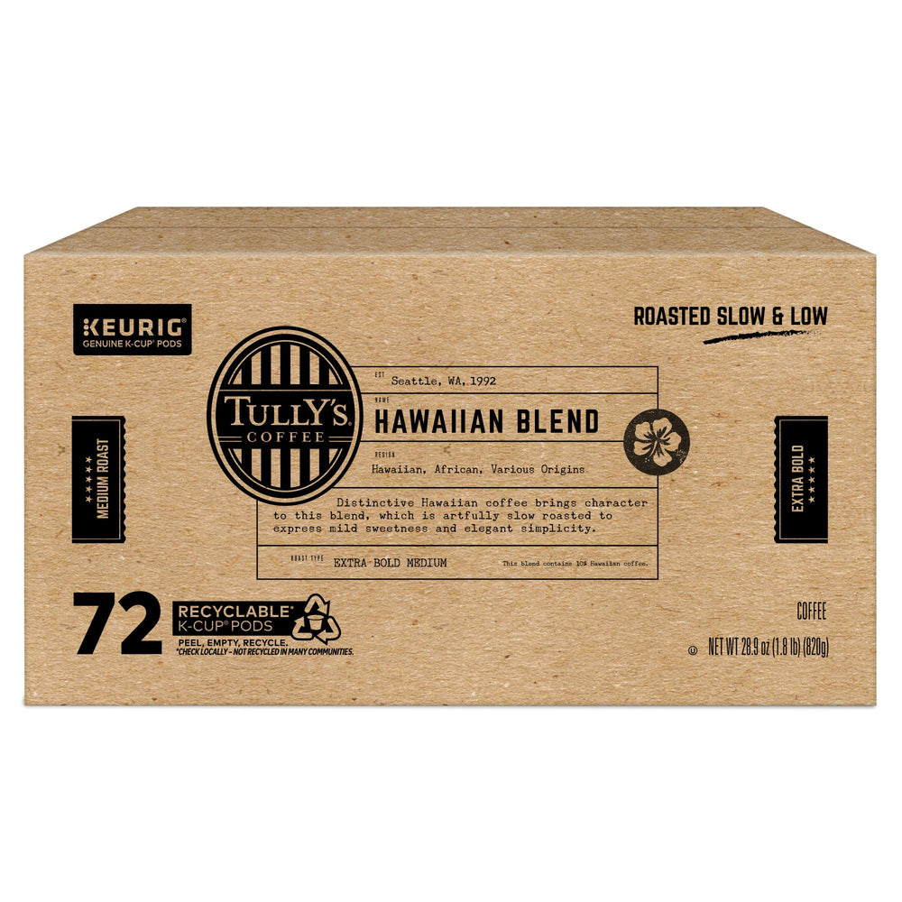 Tully's Hawaiian Blend k-cup label emphasizing slow-roast craft.
