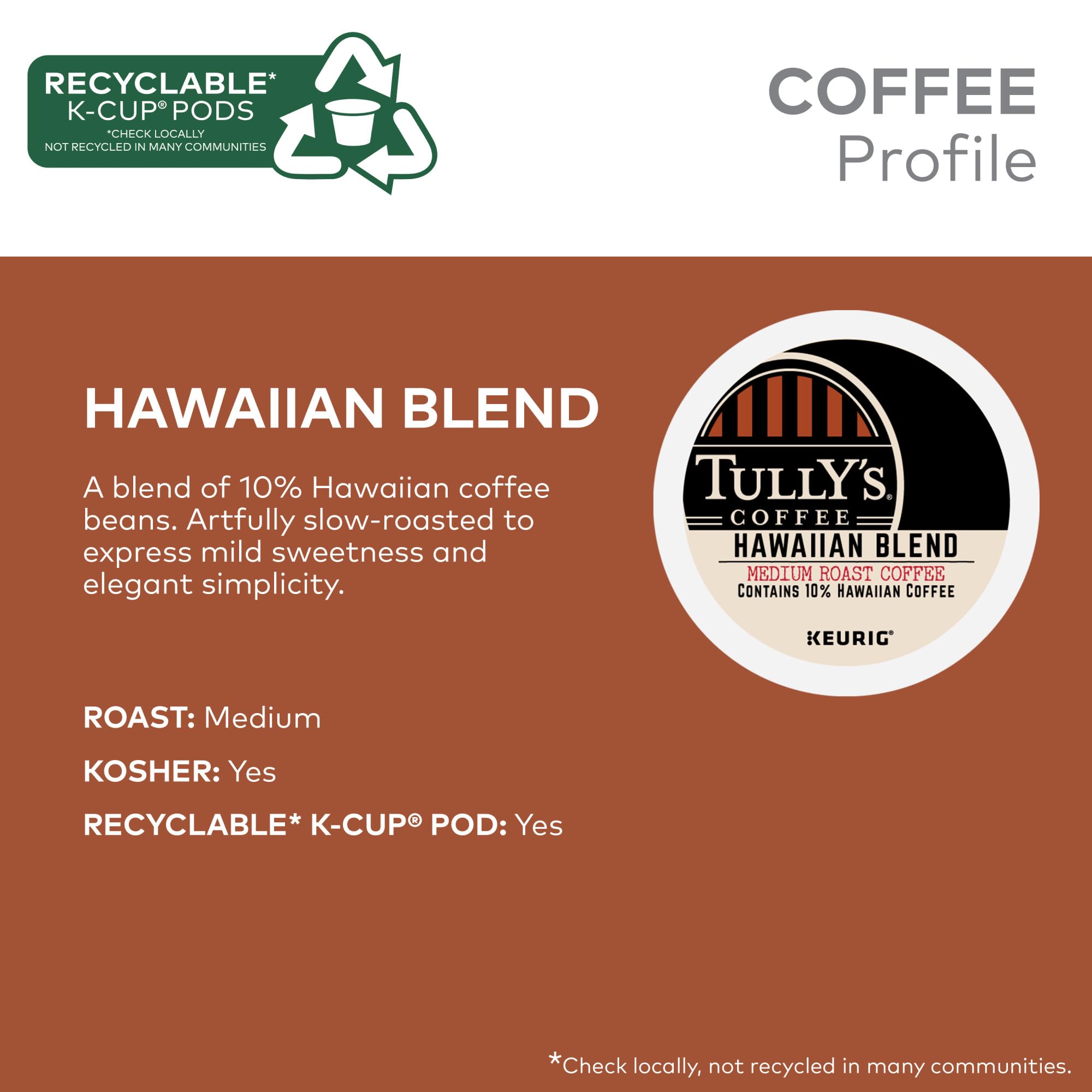 Tully's Hawaiian Blend K-Cup pods back label details kosher certification and brew notes.