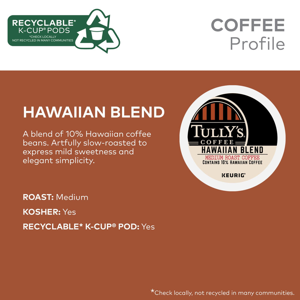 Tully's Hawaiian Blend K-Cup pods back label details kosher certification and brew notes.