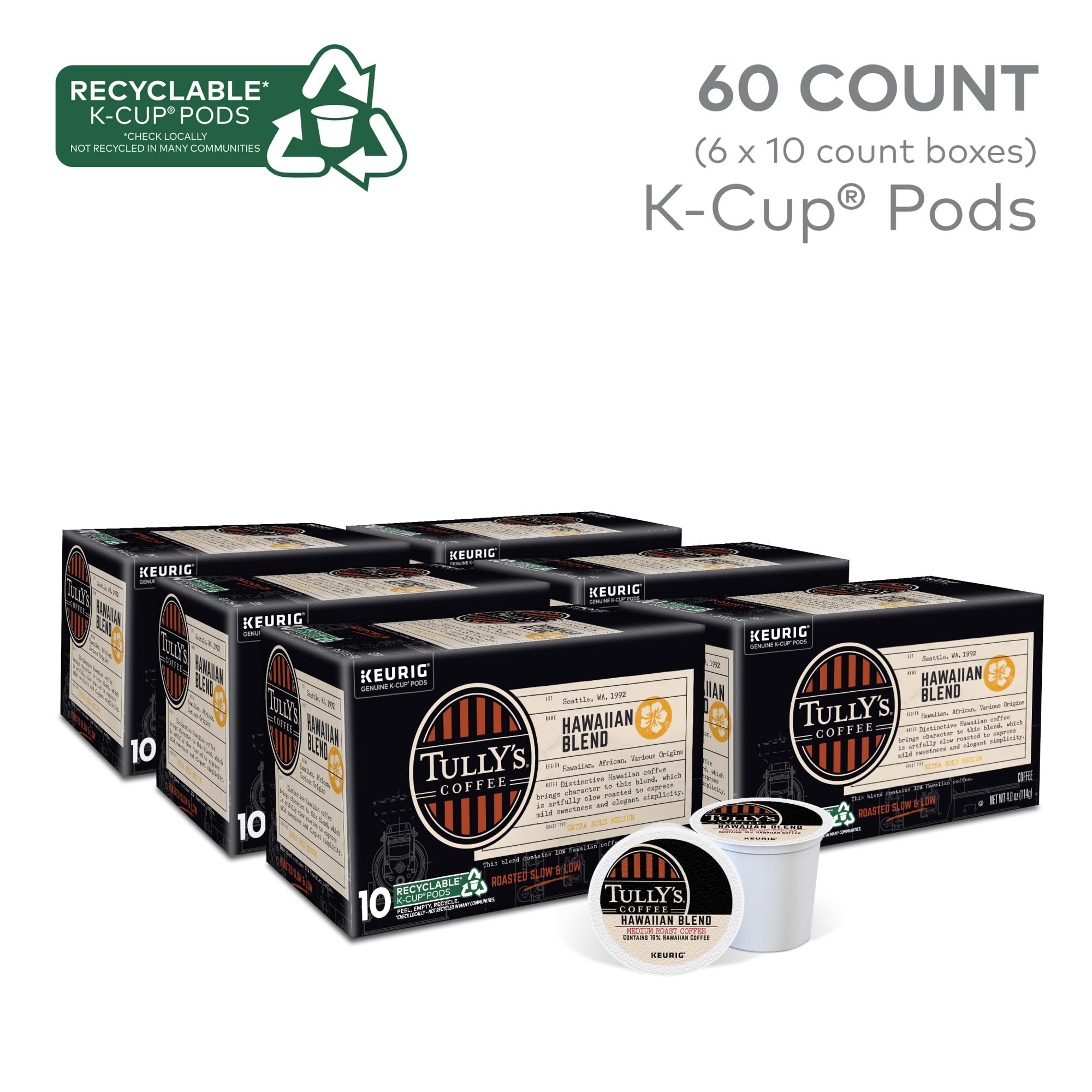 Tully's Hawaiian Blend K-Cup pods front view shows compact single-serve convenience.