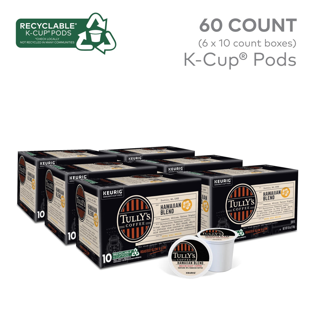 Tully's Hawaiian Blend K-Cup pods front view shows compact single-serve convenience.