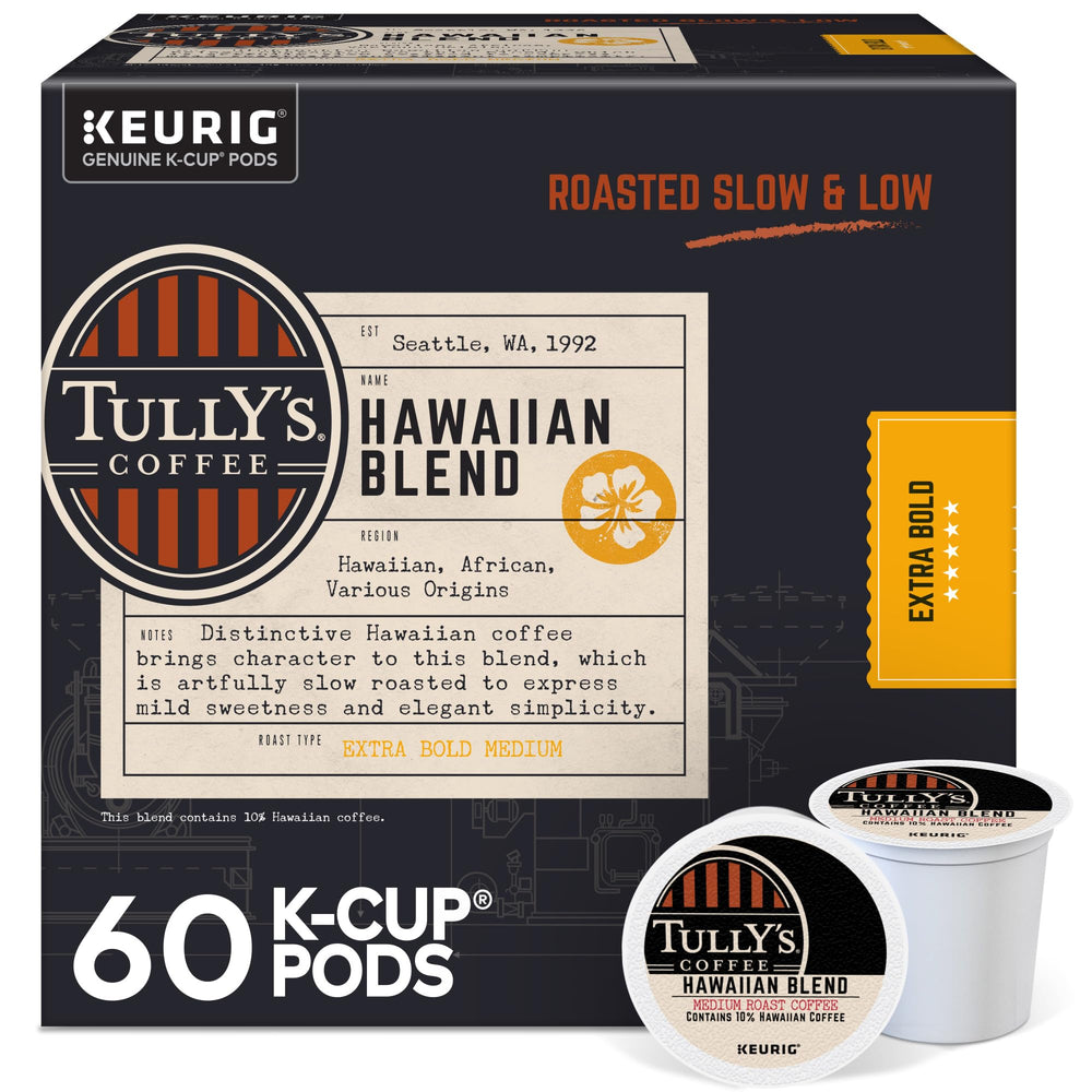 Tully's Hawaiian Blend K-Cup pods packaging highlights a convenient 60-count box for home brewing.