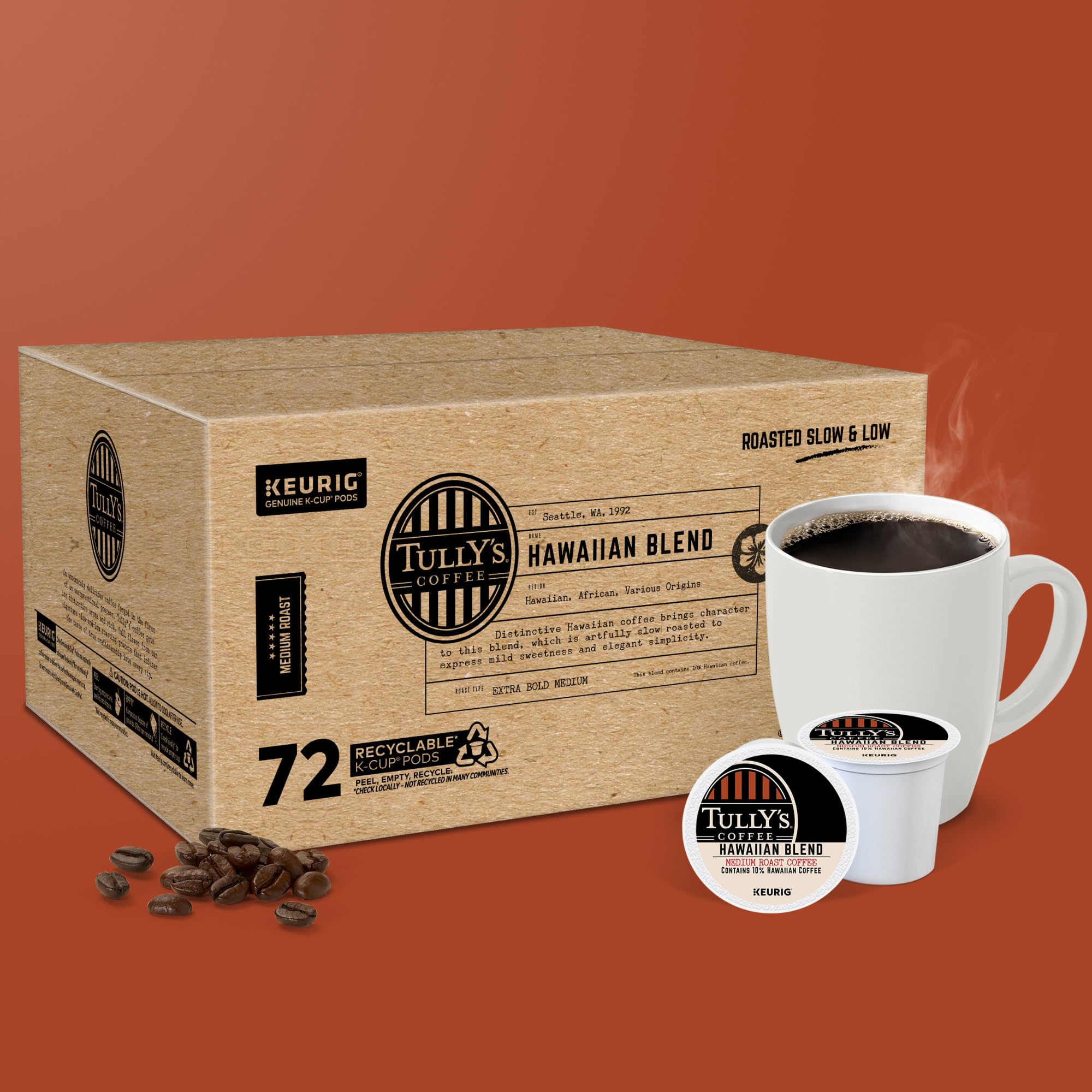 Tully's Hawaiian Blend pod pack 72-count for long-lasting caffeine.