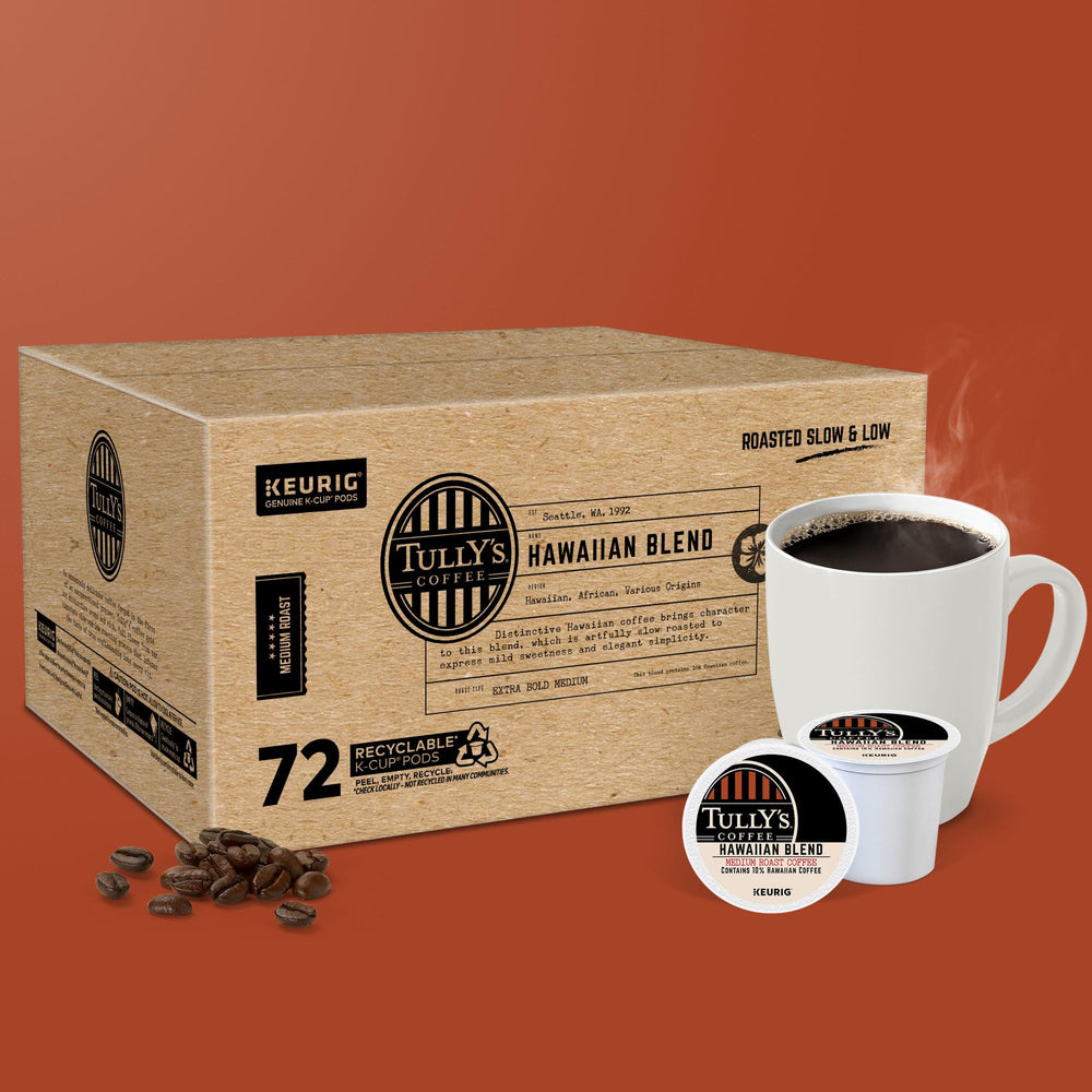 Tully's Hawaiian Blend pod pack 72-count for long-lasting caffeine.
