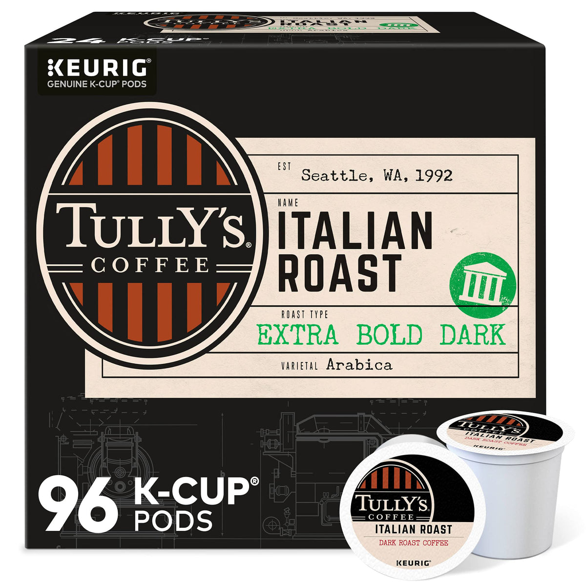 Tully's Italian Roast 96-count K-Cups for bold morning brews.