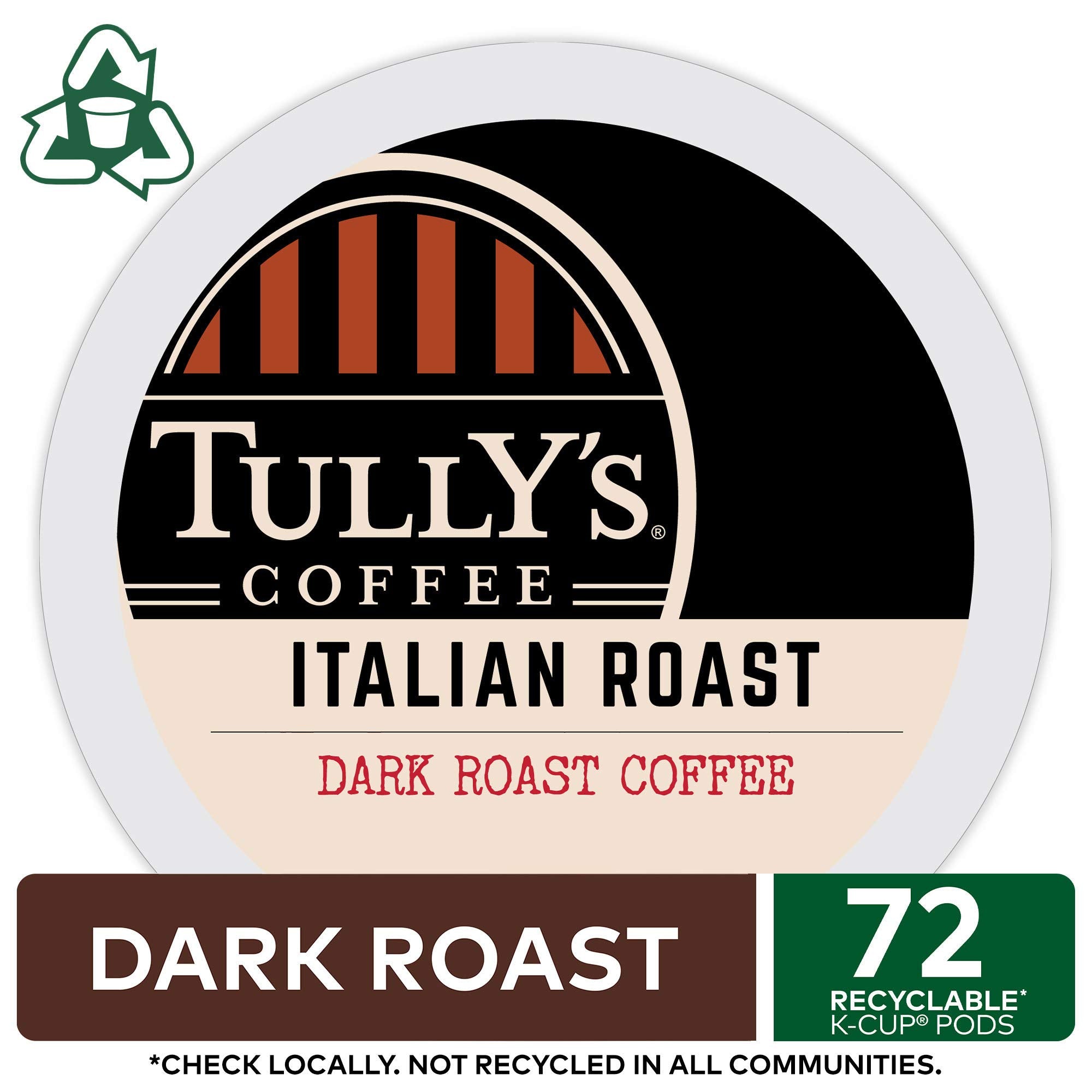 Tullys Italian Roast packaging view with a 72-count box for home or office