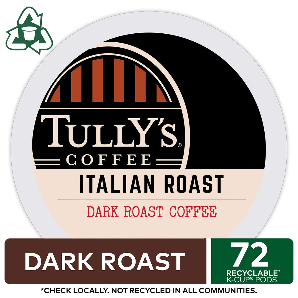 Tullys Italian Roast packaging view with a 72-count box for home or office