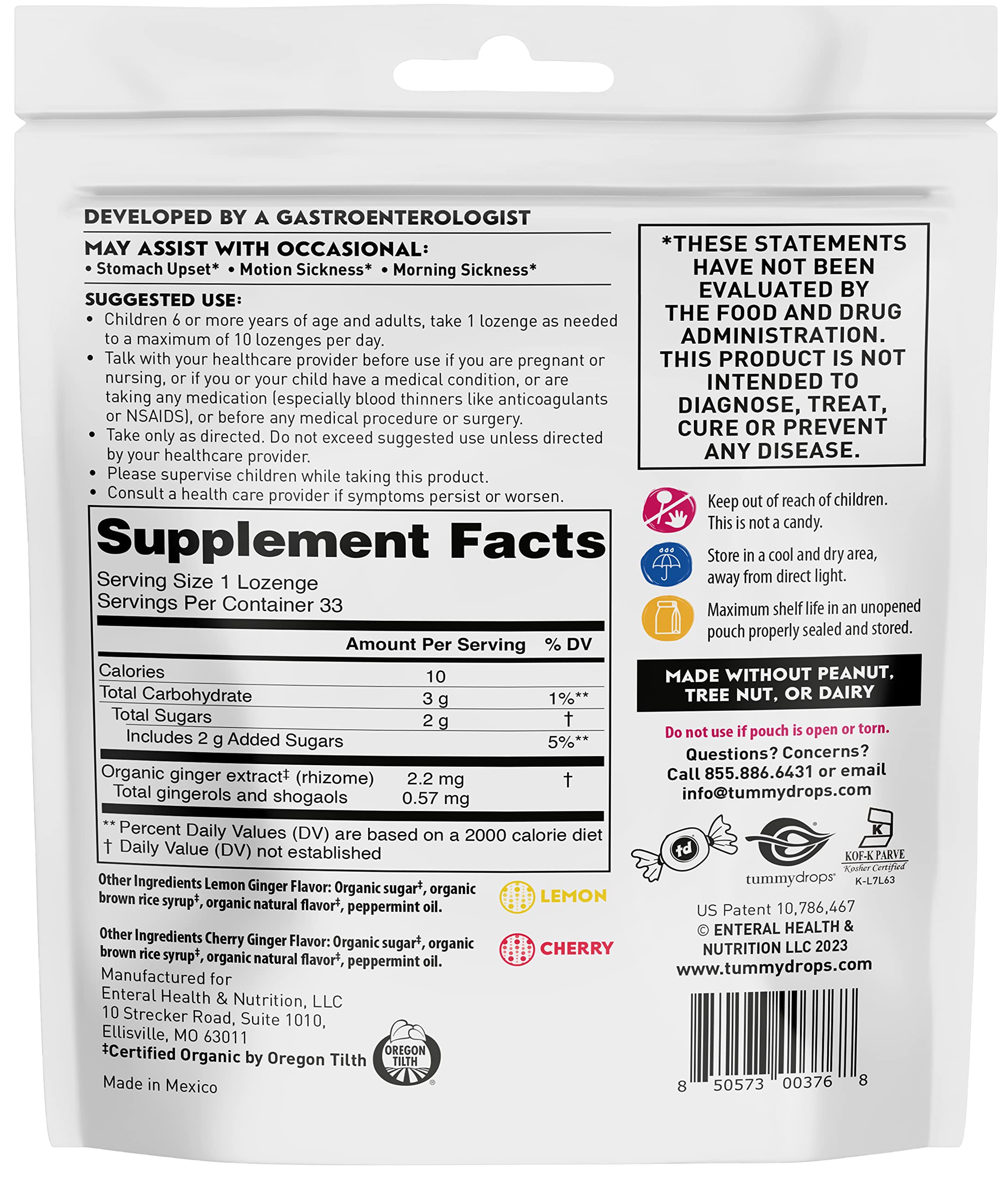 Tummydrops Ginger Italy Inspired Variety Pack closeup bottle label highlights organic, vegan lozenges