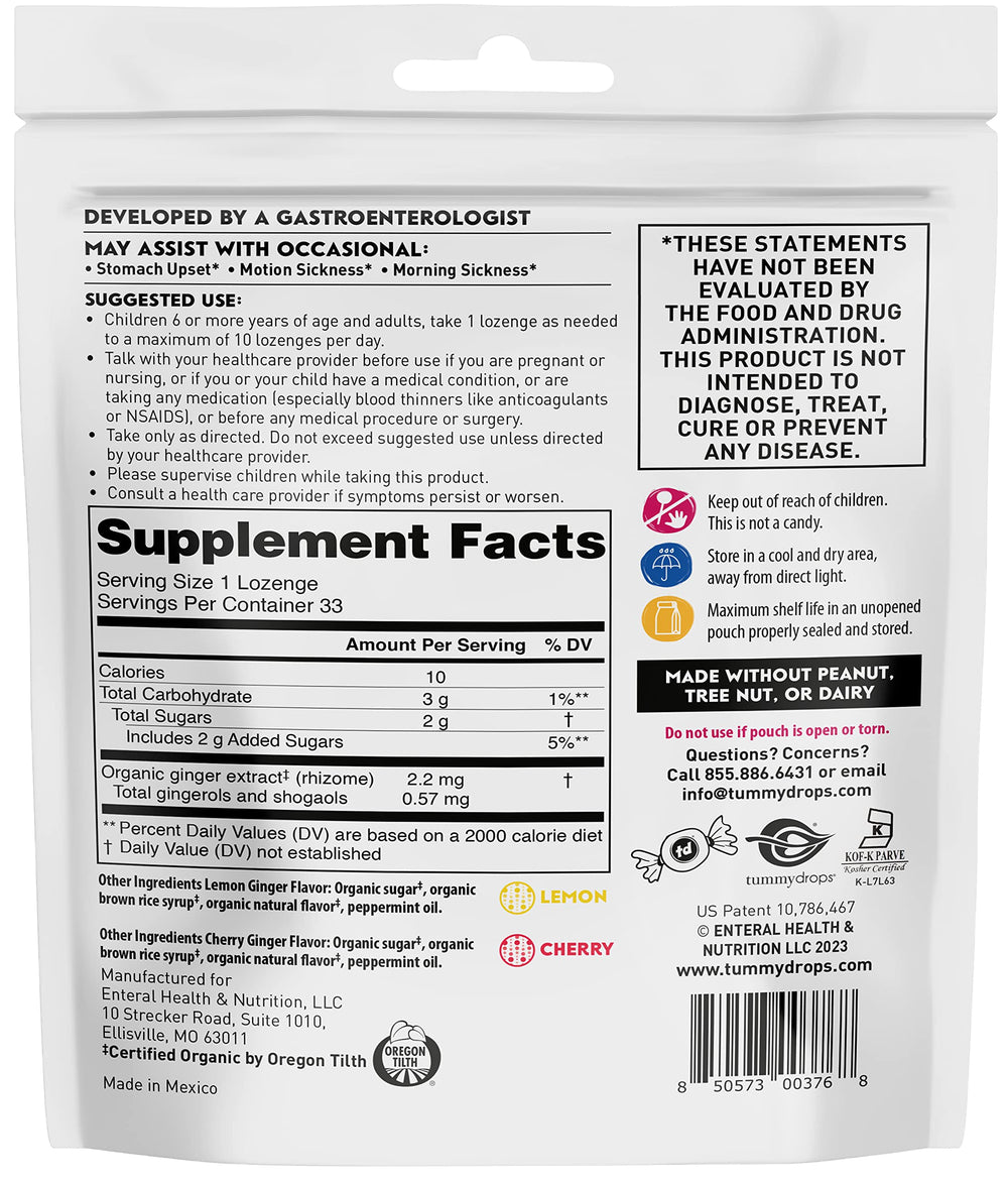 Tummydrops Ginger Italy Inspired Variety Pack closeup bottle label highlights organic, vegan lozenges