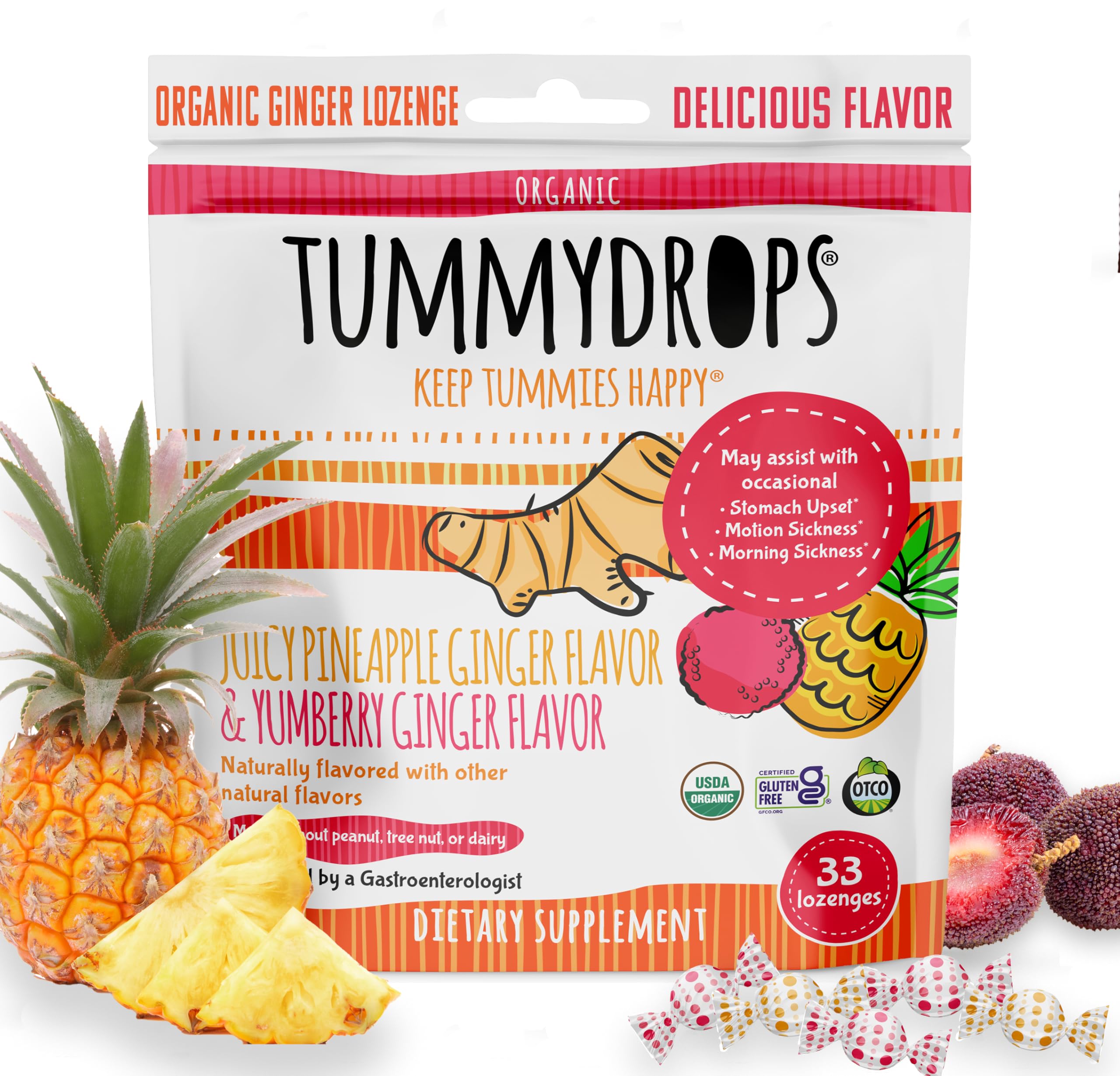 Tummydrops ginger lozenge pineapple flavor for on-the-go relief