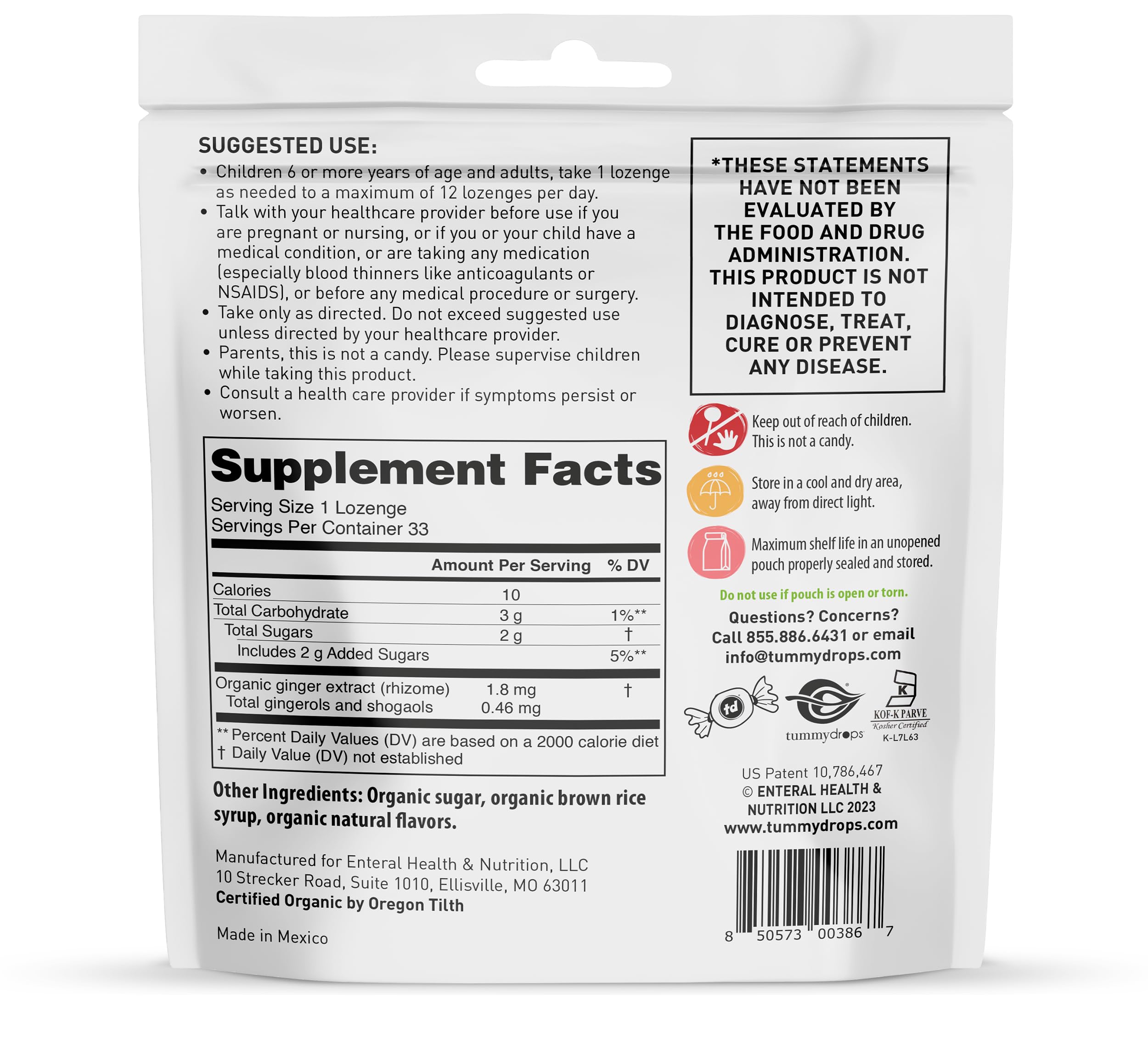 Tummydrops lozenges near the back panel show 33-count packaging
