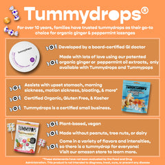 Tummydrops Organic ginger extract label emphasizes patented formula and quality ingredients.