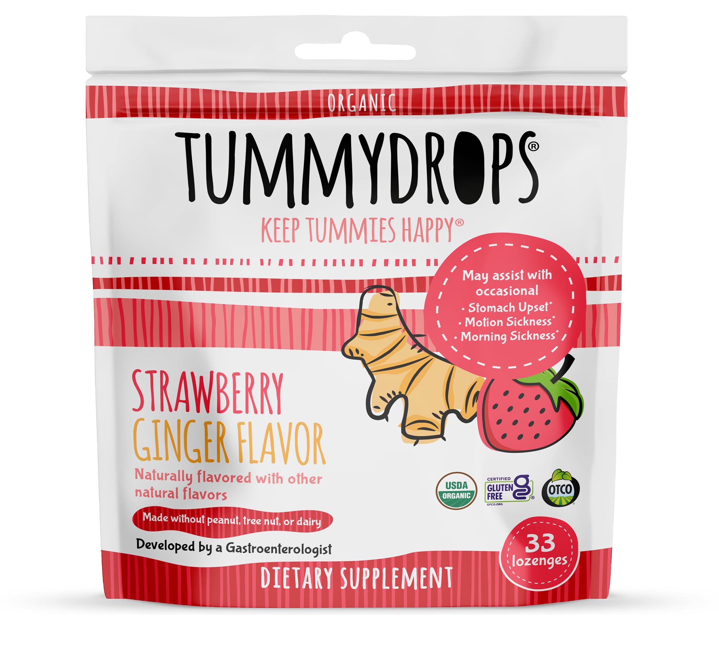 Tummydrops USDA Organic Strawberry Ginger lozenges package shows organic certification and gentle daily digestion