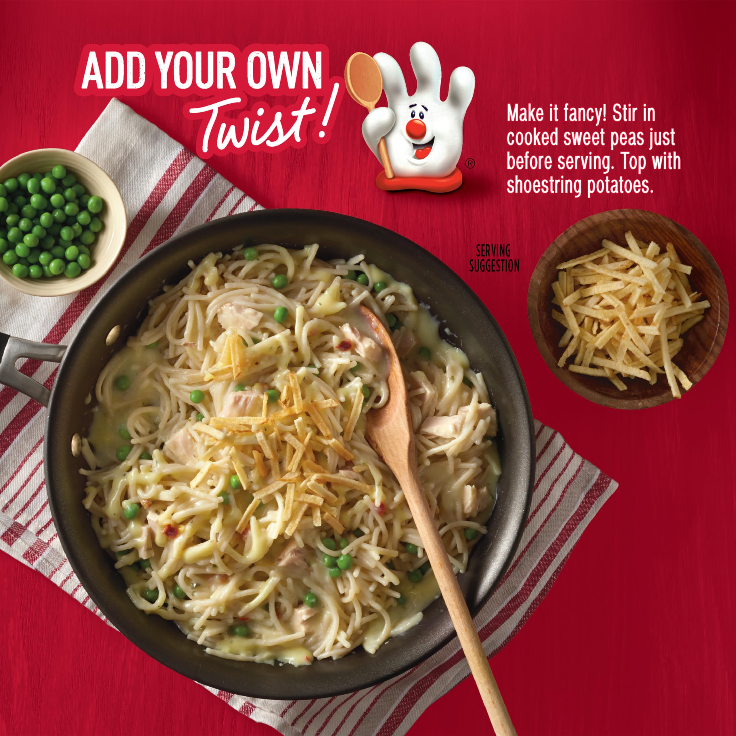 Tuna Helper Tetrazzini ready dish on table, ideal for busy families.