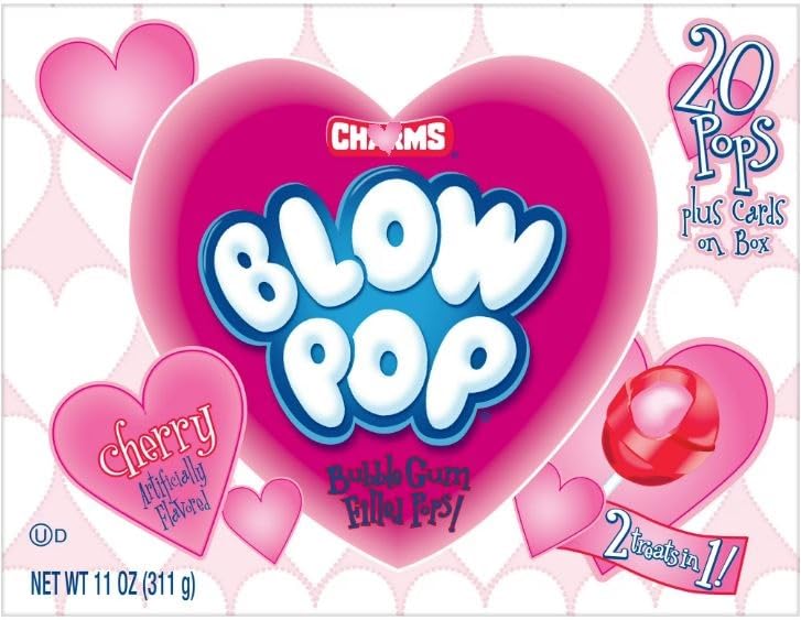 Tundras Charm Blow Pops heart box featuring cherry flavor and bubble gum center