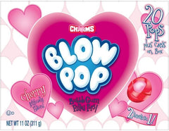 Tundras Charm Blow Pops heart box featuring cherry flavor and bubble gum center