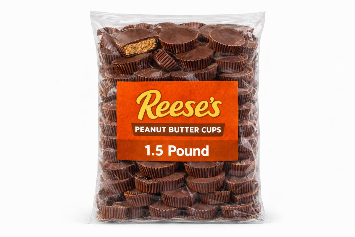 Tundras ReeseMilk unwrapped peanut butter cups shown in bulk packaging, convenient for gifting and baking.