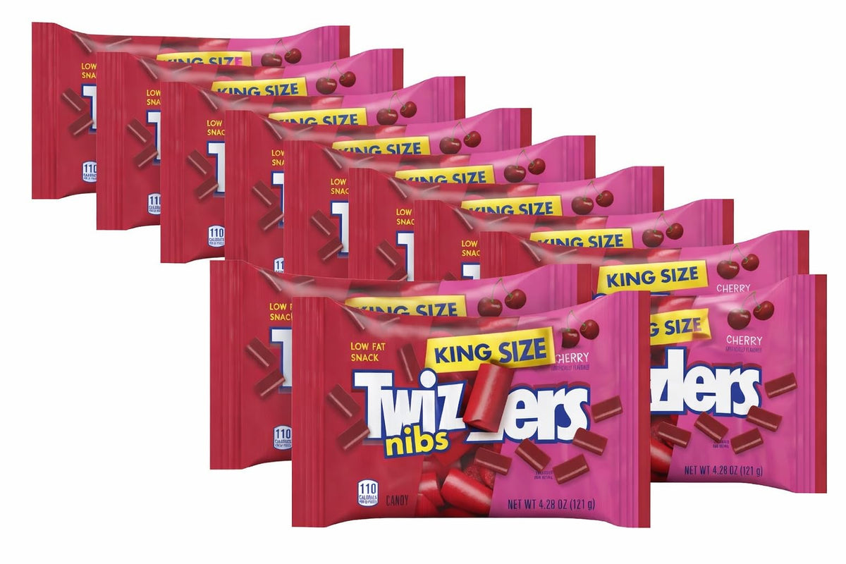 Tundras Twizlers Cherry Nibs unwrapped closeup, showing chewy texture for a fruity snack.