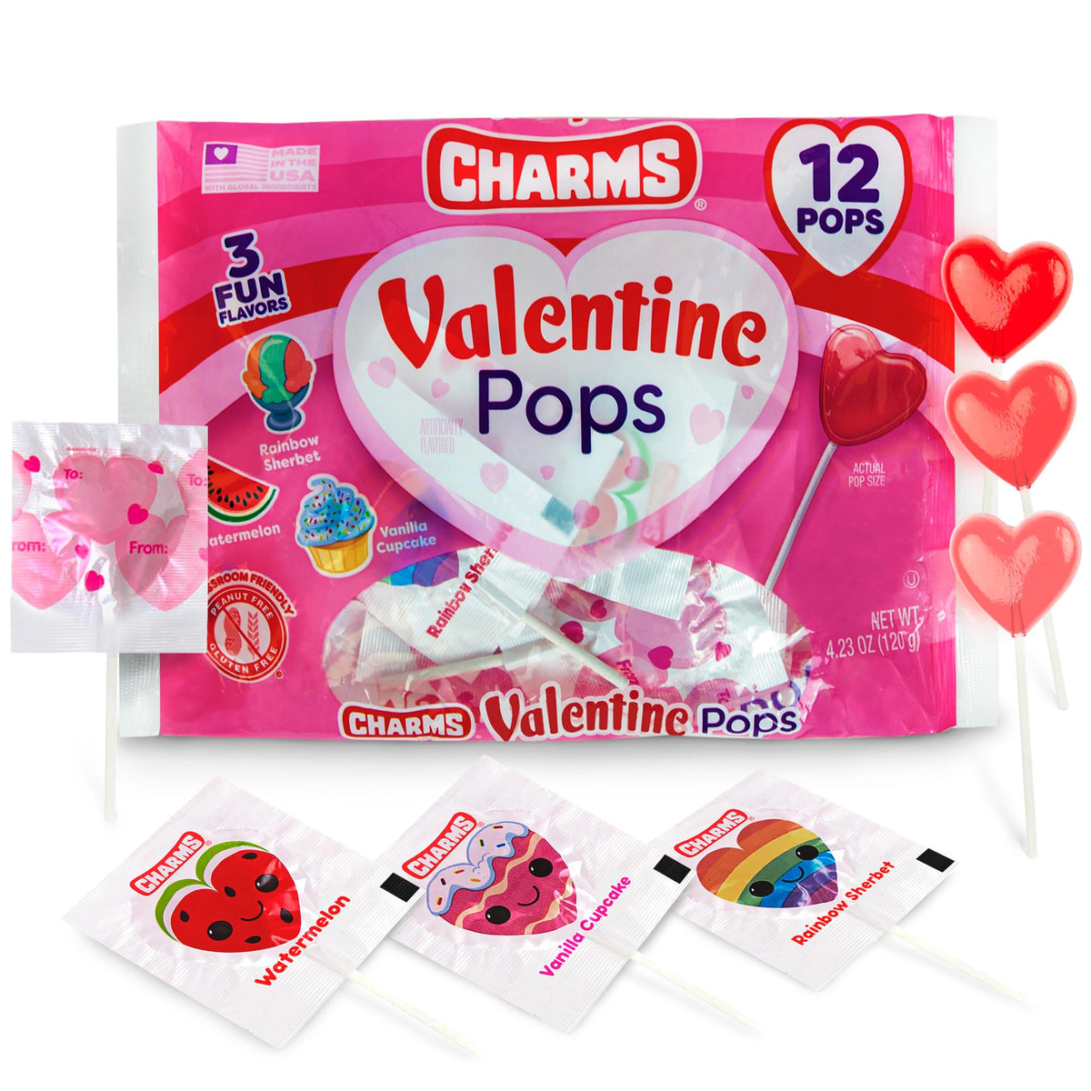 Tundras Valentine's heart lollipops 12-pack for classroom exchanges with assorted flavors