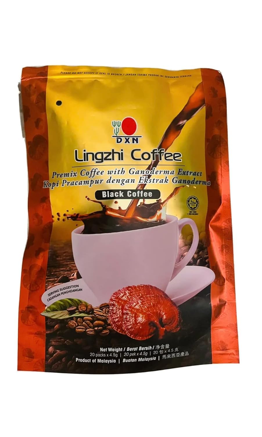 TUNEZ DXN Lingzhi Black Coffee sachet close-up emphasizes convenient 4.5g serving
