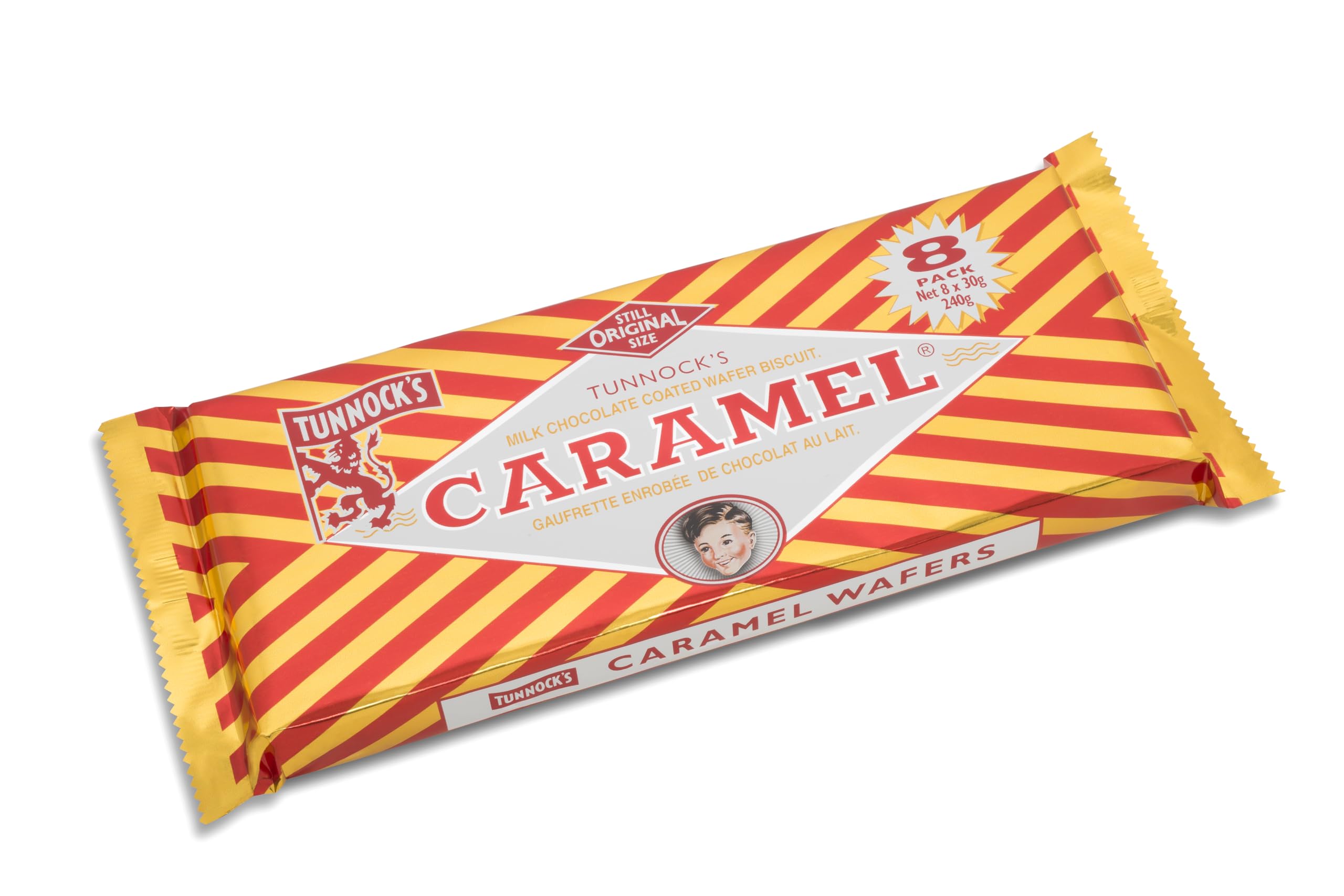 Tunnock's caramel wafer 8-pack showing crispy layers with milk chocolate for on-the-go snacking.
