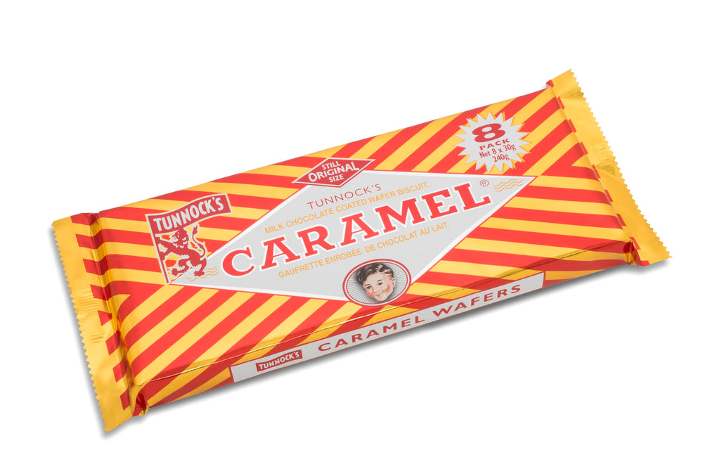 Tunnock's caramel wafer 8-pack showing crispy layers with milk chocolate for on-the-go snacking.