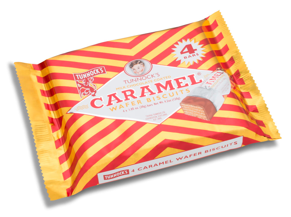 Tunnock's Caramel Wafers milk chocolate pack of 4, 120g, ready to share.