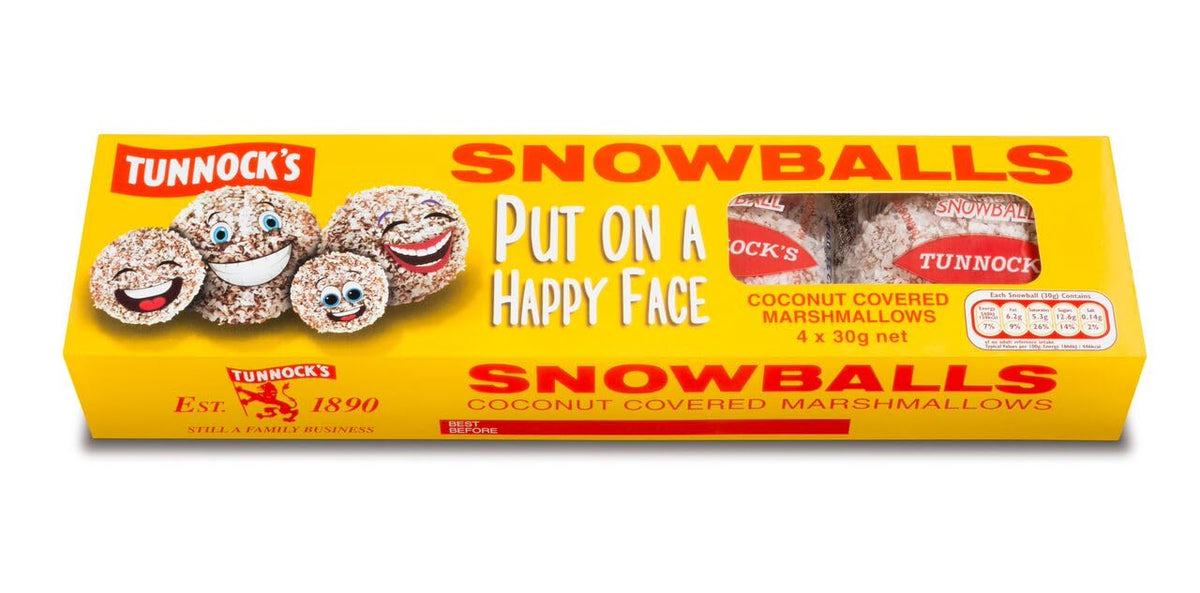 Tunnock's Snowballs pack front view, a classic coconut-coated treat for snacking.