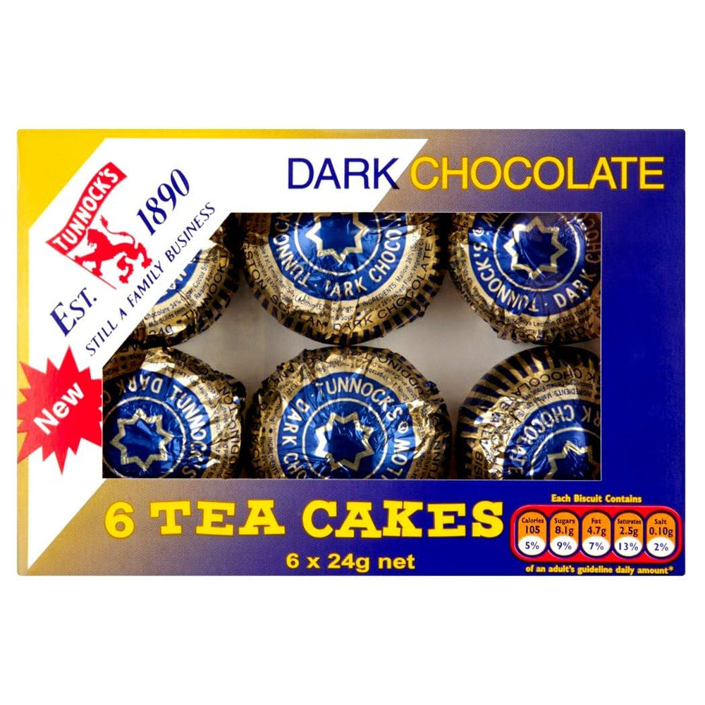 Tunnock's Tea Cakes dark chocolate 6-pack pack shot, a premium teatime treat.