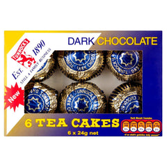 Tunnock's Tea Cakes dark chocolate 6-pack pack shot, a premium teatime treat.