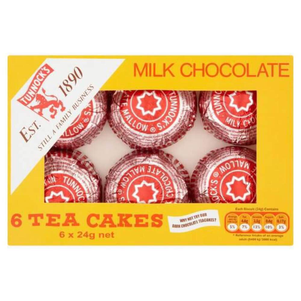 Tunnock's Tea Cakes with milk chocolate, individually wrapped foil for freshness.