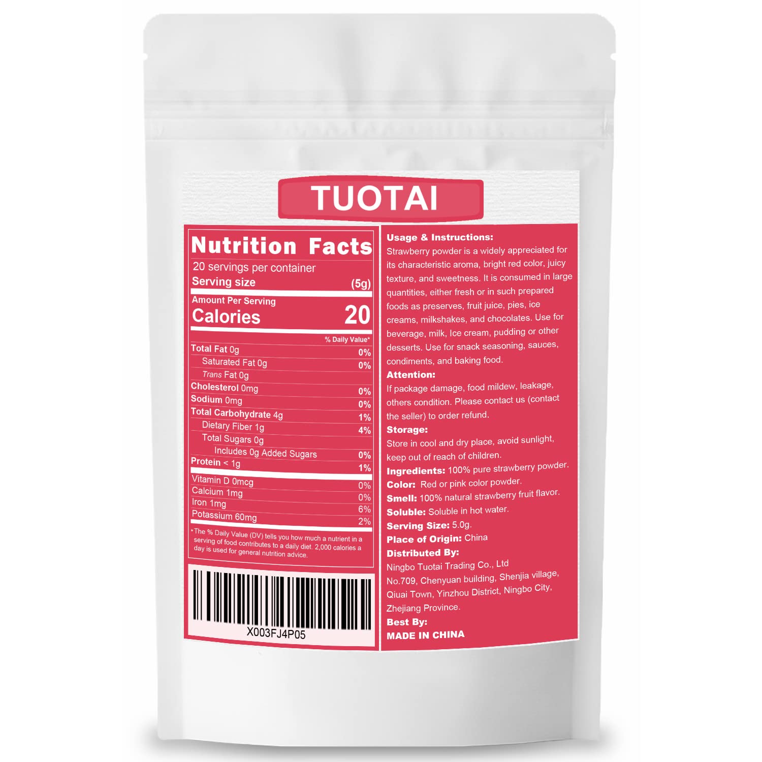 TUOTAI Freeze Dried Strawberry Powder bag ready for quick recipe use